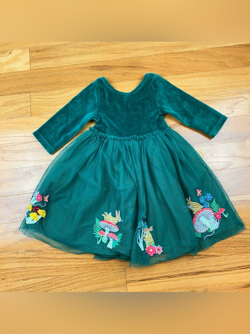 Mini Boden Girls 2-3Y Jewel Green Velvet Tulle Dress Woodland Animals Applique